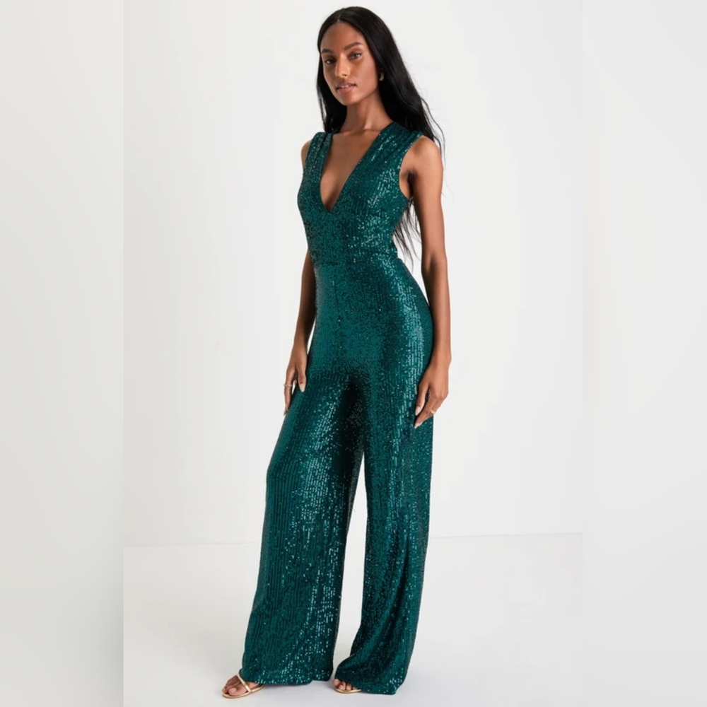 Sequin Deep V Emerald Jumpsuit